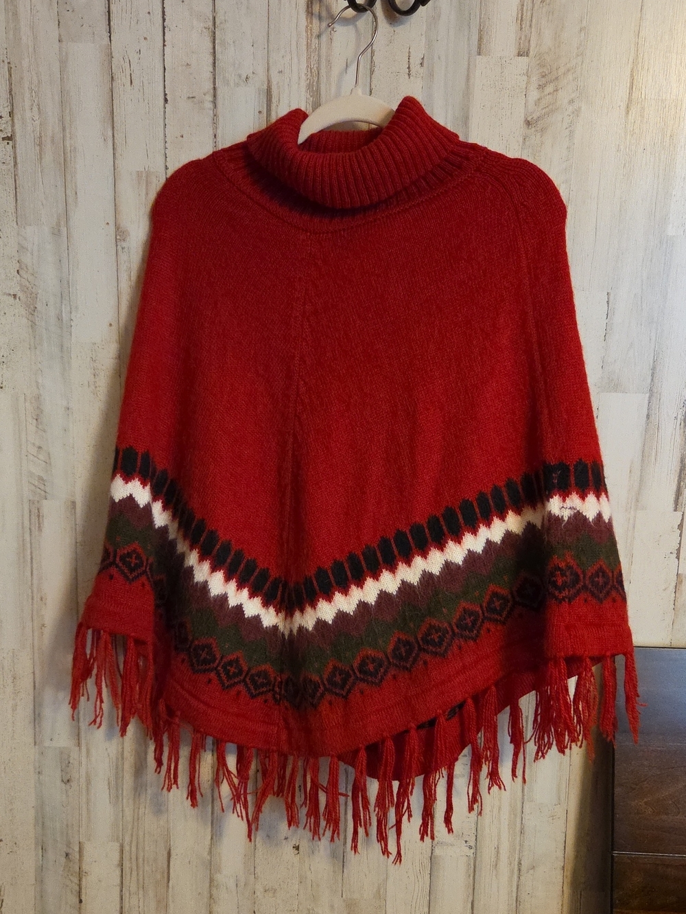 ALPACA Red Turtleneck Fringe Knit Poncho Sweater - Women's